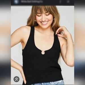 Gentle Fawn Black Open Knit V-Neck Tank Top with O-Ring Detail Size XL